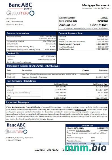 Botswana Bank ABC wyciąg z kredytu hipotecznego szablon Word i PDF